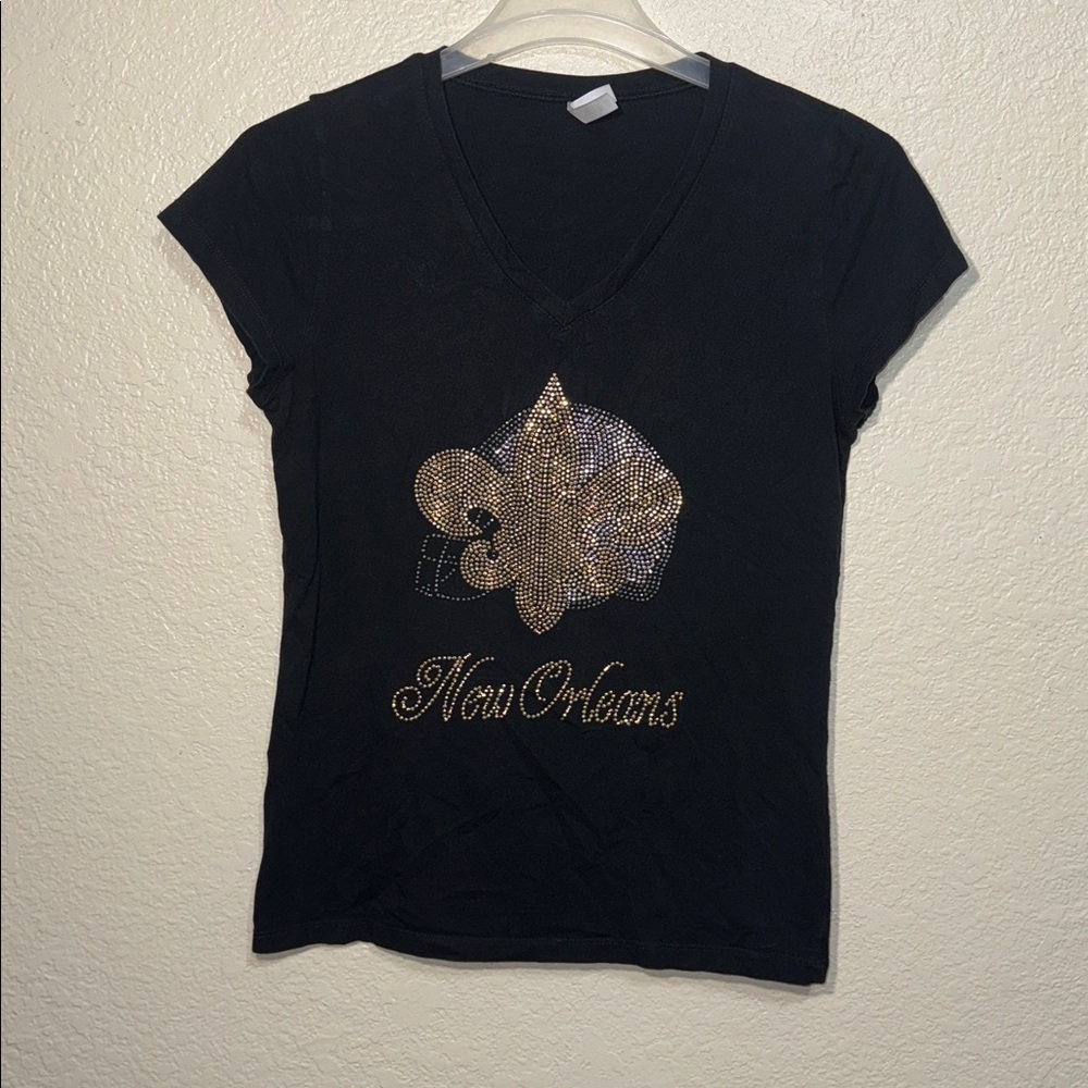 New Orleans Saints Rhinestone Bling V Neck Tee M Black and Gold Football